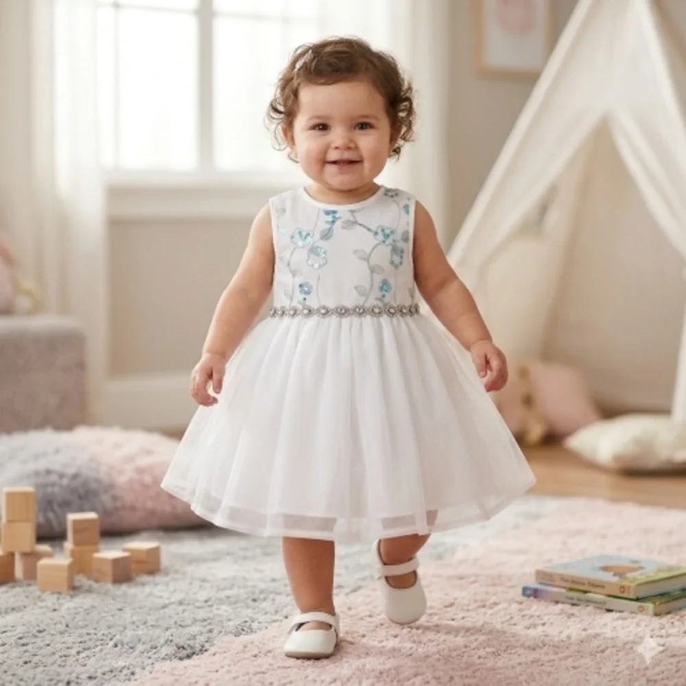 Purple Rose Baby‎ Sequined Mesh Jewel Sash Dress – White, 18M